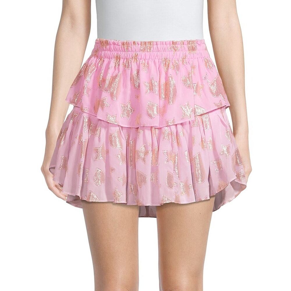 NWT LoveShackFancy Metallic Tiered Ruffled Mini Skirt Petite P - Picture 2 of 11